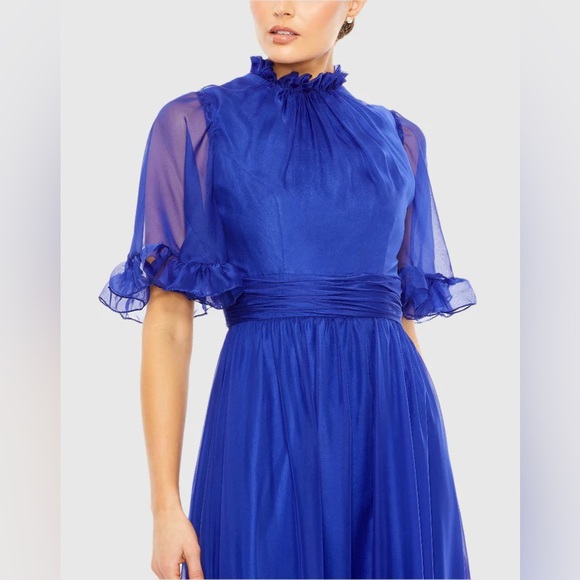 MAC DUGGALRuffled High Neck Flutter Sleeve High Low Hem Gown